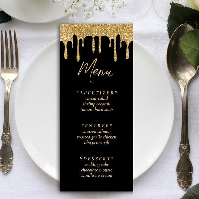 Menu Parties scintillant Noir & Or Réception de mariage (Black & Gold Glitter Drip Wedding Reception Menu)