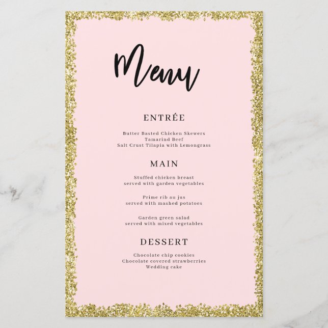 Menu Parties scintillant rose et or (Devant)