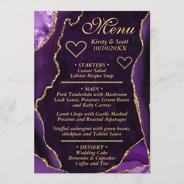 Menu Parties scintillant violet et or Agate Marbre Mari (Devant)