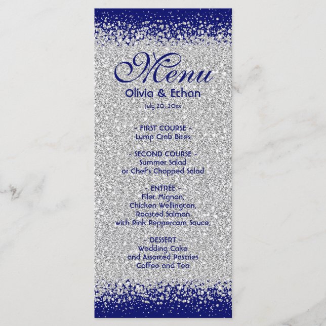 Menu Parties scintillantes argentées élégantes et bleu (Devant)