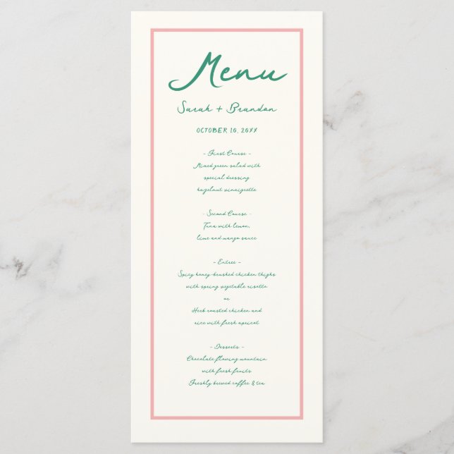 Menu Pastel écriture manuscrite Pinky Green Mariage rét (Devant)