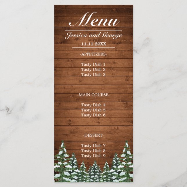 Menu Pays de bois enneigé et forêt de pins pour mariage (Devant)