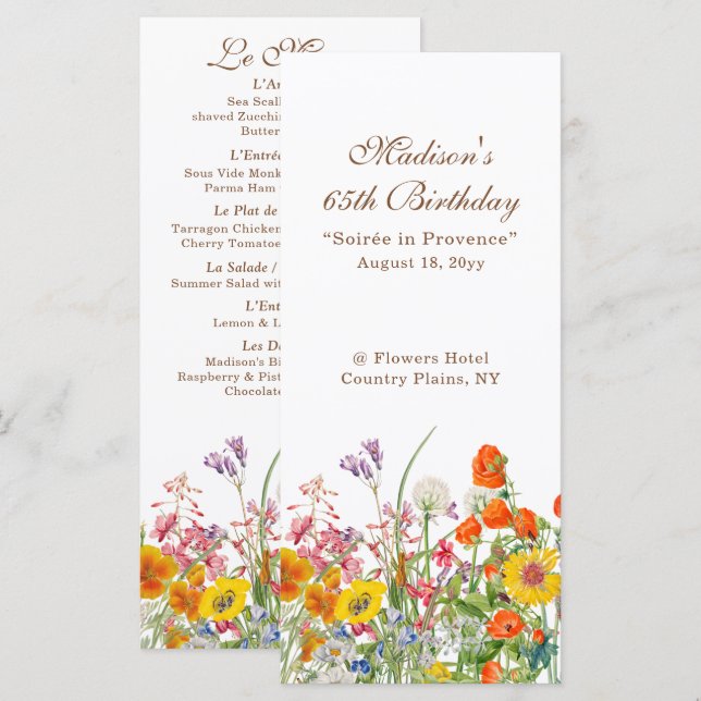 Menu Pays Fleur sauvage coloré 65e anniversaire (Devant / Derrière)