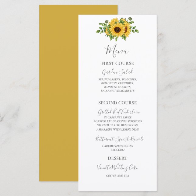 Menu Pays Rustique Gold Floral Mariage de tournesol (Devant / Derrière)