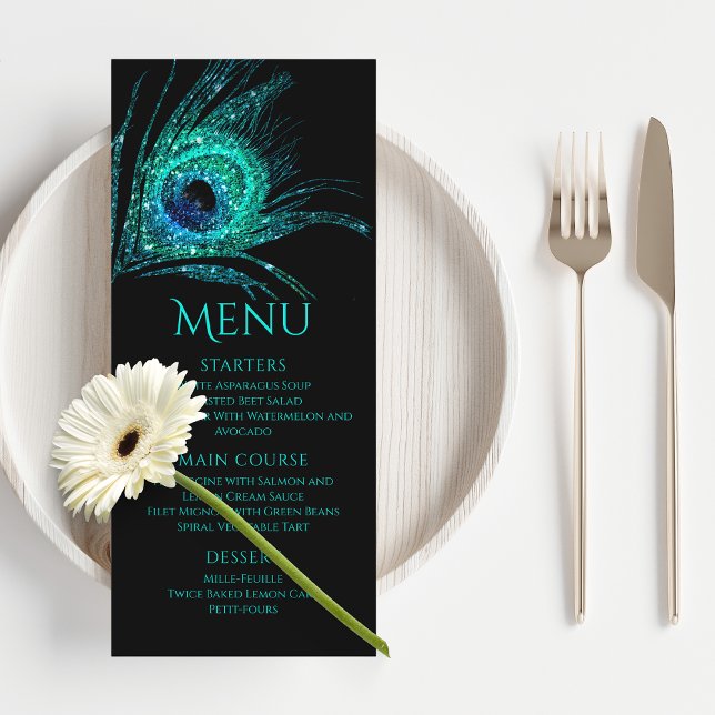 Menu Peacock Feather Chic Parties scintillant Turquoise (Créateur téléchargé)