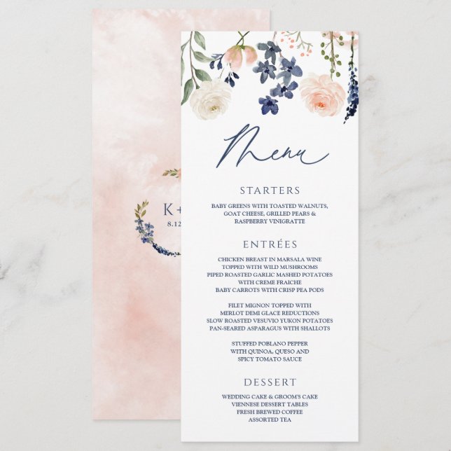 Menu Pêche et bleu Mariage Fleur sauvage Botanique Flor (Devant / Derrière)