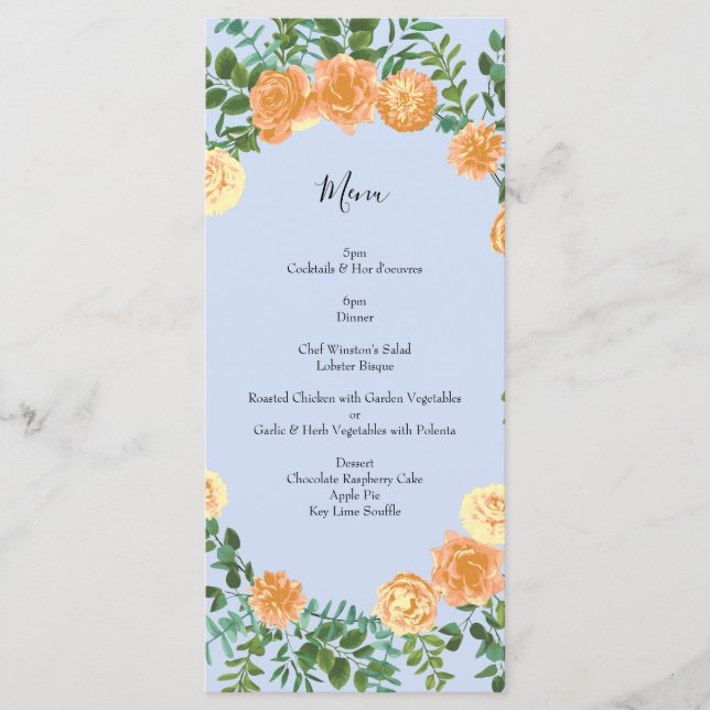 Menu Pêcher bleu clair Mariage Roses Floral (Devant)