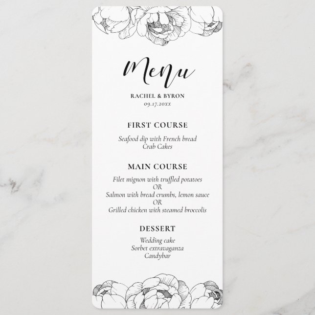 Menu Peonys noir et blanc élégant mariage (Devant)