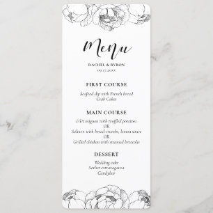 Menu Peonys noir et blanc élégant mariage