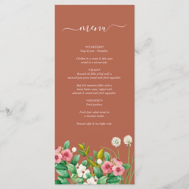 Menu Périwinkle Burnt Orange Terracotta Mariage (Devant)