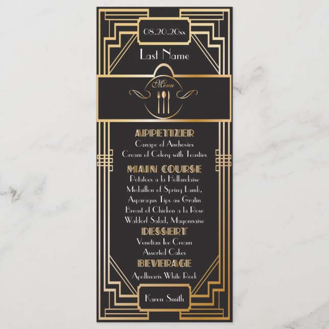Menu Personnalisé - Art Déco Mariage Gatsby noir et or (Devant)