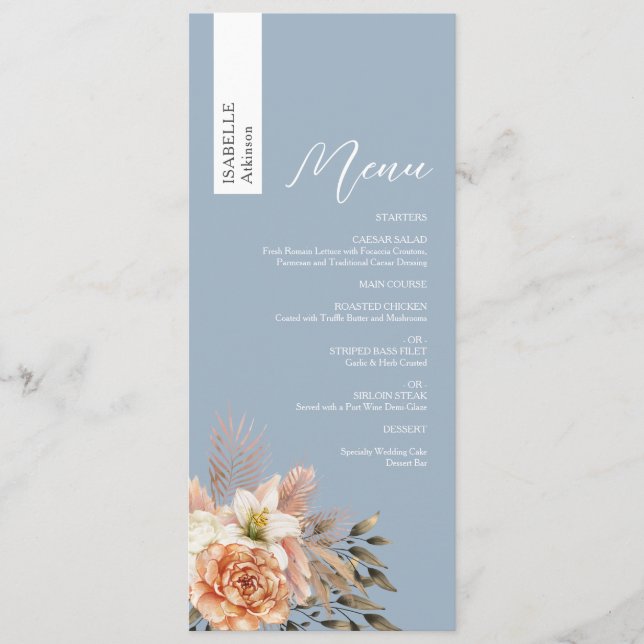 Menu personnalisé Dusty Blue Mariage avec nom (Devant)