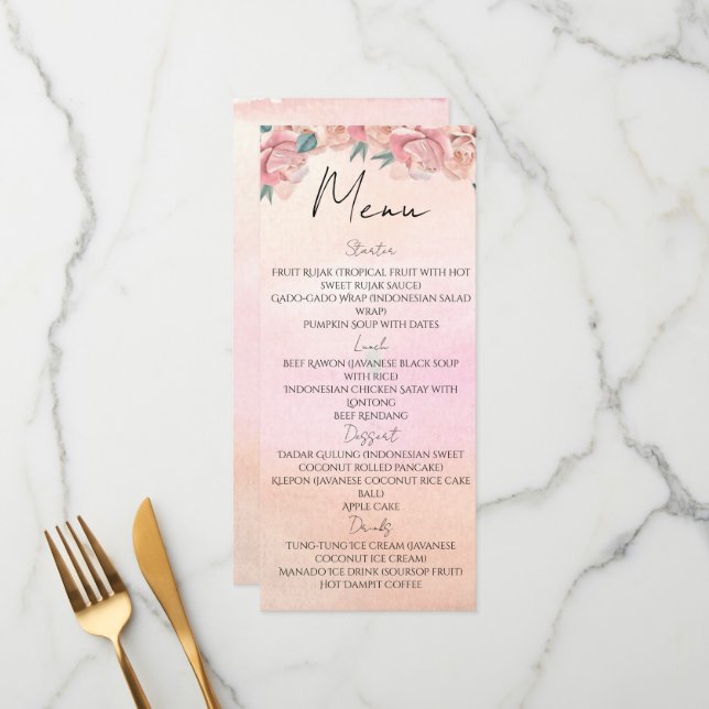 Menu Pétales d'aquarelle et douche d'été pour mariée (Devant/Arrière en situation)