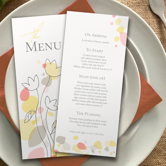 Menu Pétales de fleurs de confettis modernes jaunes men (Créateur téléchargé)