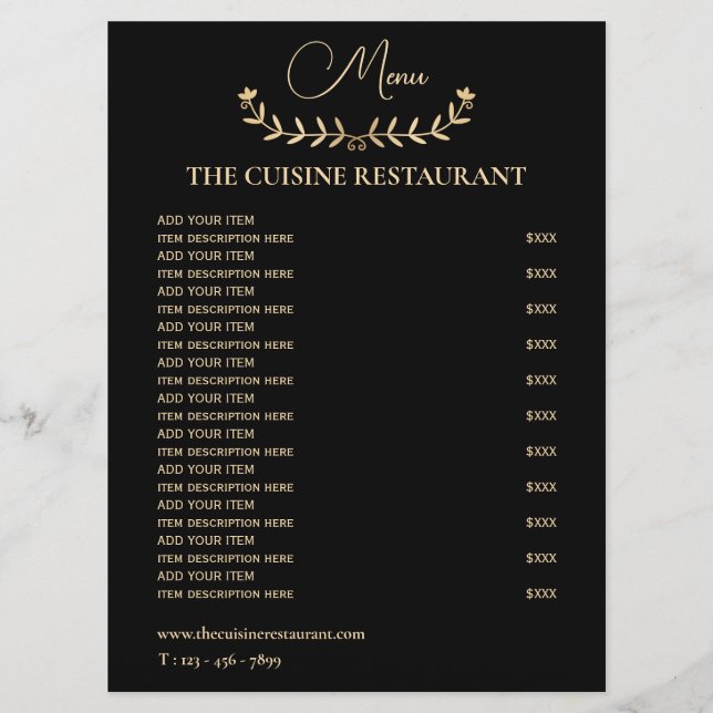 Menu Petit Restaurant Simple Noir Et Or (Devant)