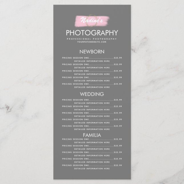 Menu Photographie Business Gold Logo Brush Stroke Pink  (Devant)