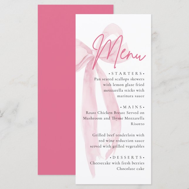 Menu Pink Bow She's Tying the Knot Fête des mariées (Devant / Derrière)