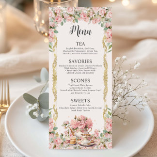 Menu Pink Floral High Tea Party Naissance bébé