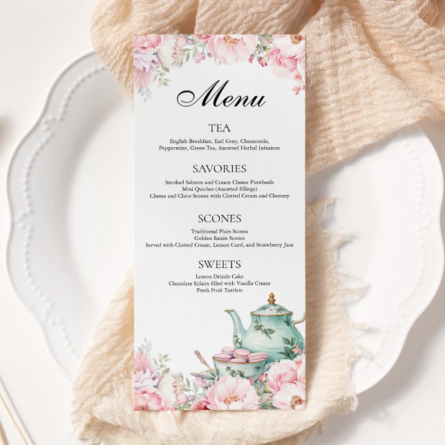 Menu Pink Floral Sage Green Afnoon Tea Party (Créateur téléchargé)