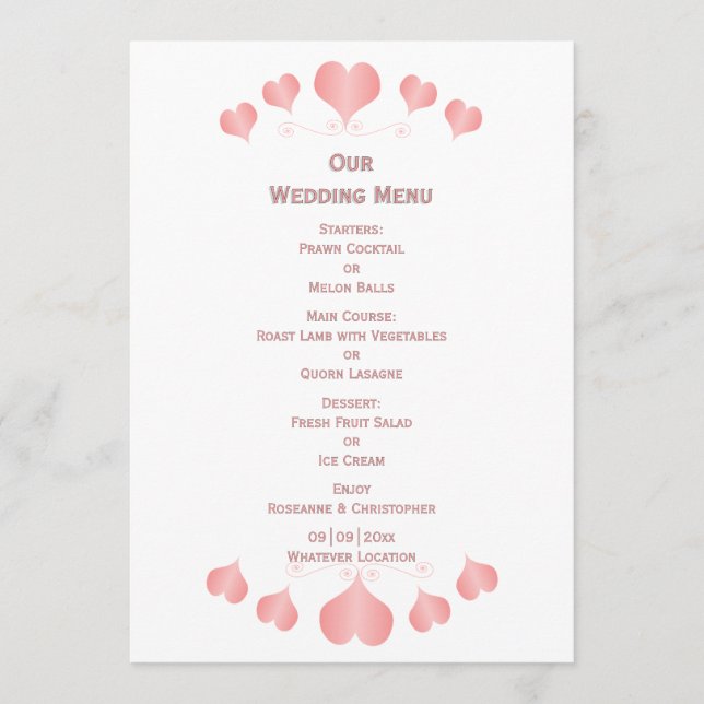 Menu Pink Hearts Design Wedding (Devant)