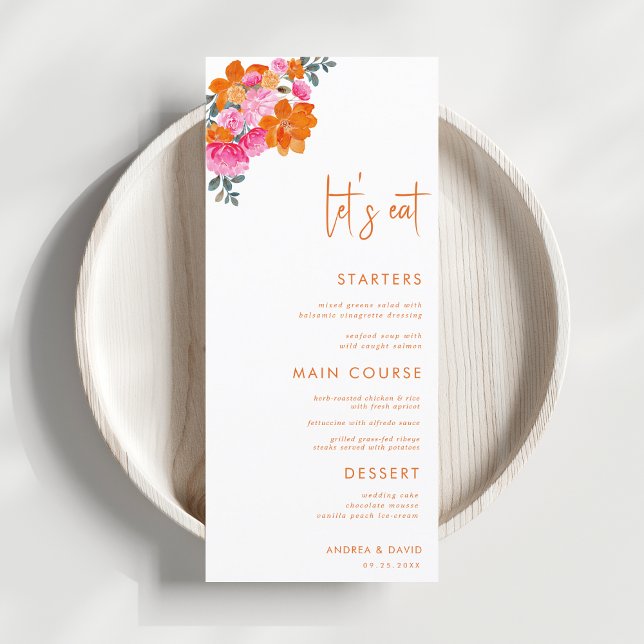 Menu Pink Orange Summer Floral Mangeons Script Mariage (Créateur téléchargé)