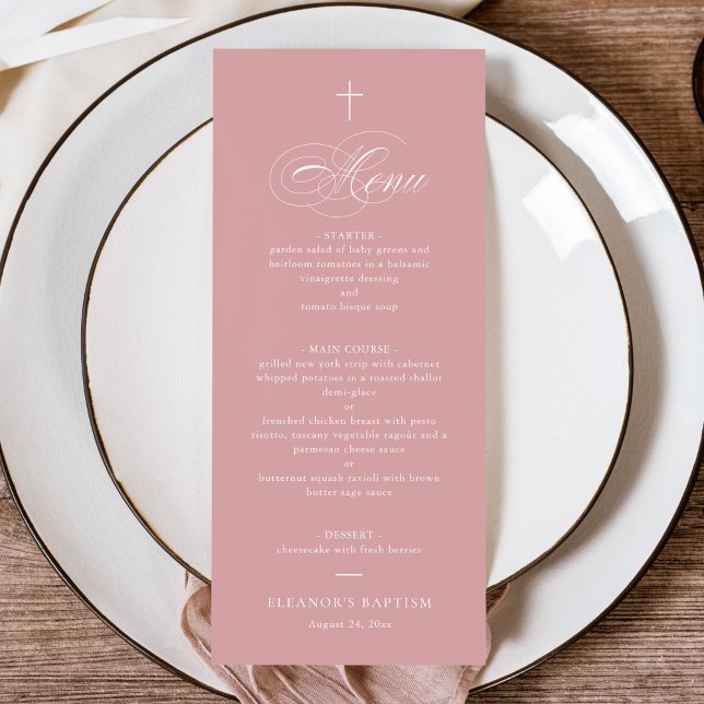 Menu Pink Simple Elegant Cross Calligraphie Baptême (Créateur téléchargé)
