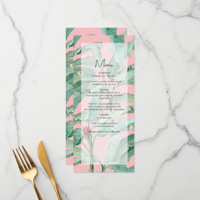 Menu Pink Tropical Banana Palm Feuille Mariage (Devant/Arrière en situation)