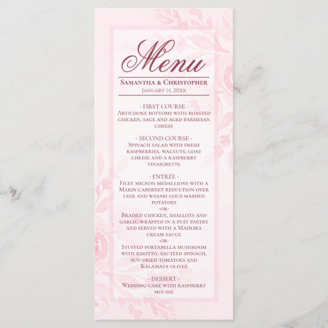 Menu Pink Watercolor Peonies Elegant Boho Chic Wedding (Devant)