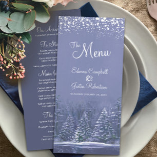 Menu Pins bleus peint blanc neige mariage d'hiver