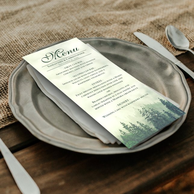 Menu Pins verts Foggy Arbres Rustique Mariage d'éléganc (In Situ on Plate)