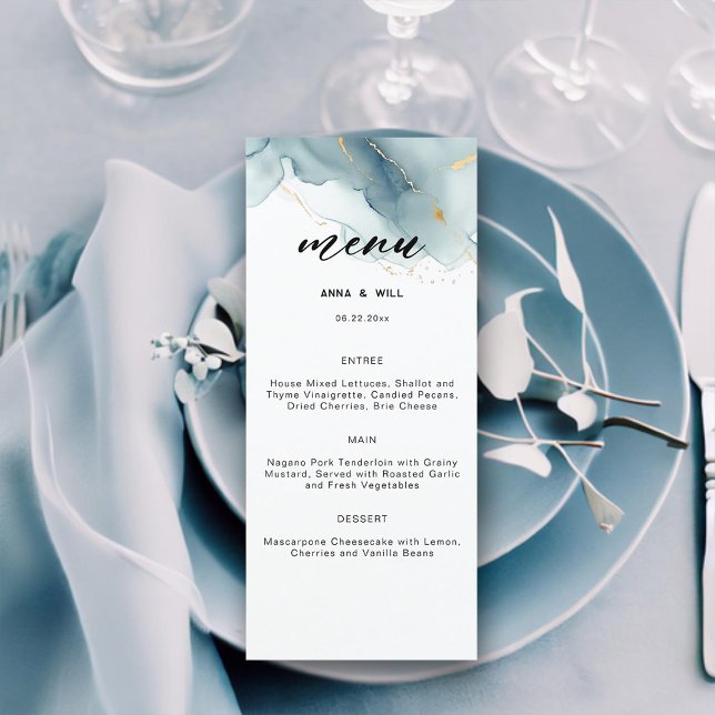 Menu Plage d'été moderne Dusty Blue Romantique Mariage (dusty blue gold modern beach wedding menu elegant bohemian romantic chic summer classy simple)