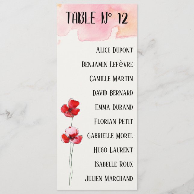 Menu Plan de table "Coquelicots" (Devant)