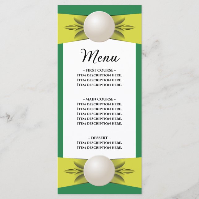 Menu plat Emerald & Yellow Pearl Ribbon Mariage (Devant)