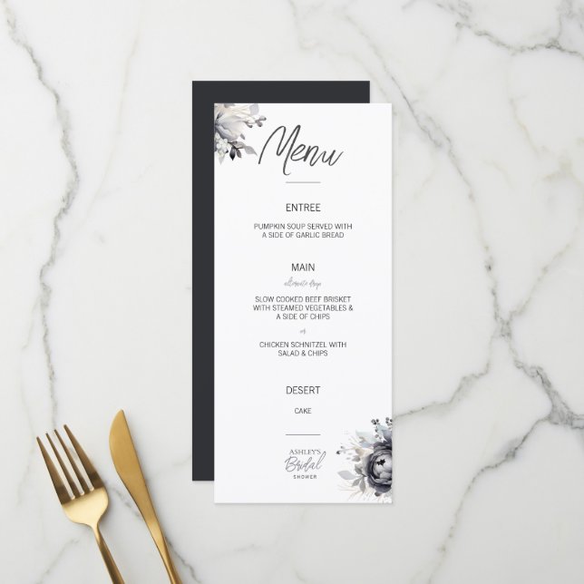 Menu Plat Floral Noir (Devant/Arrière en situation)