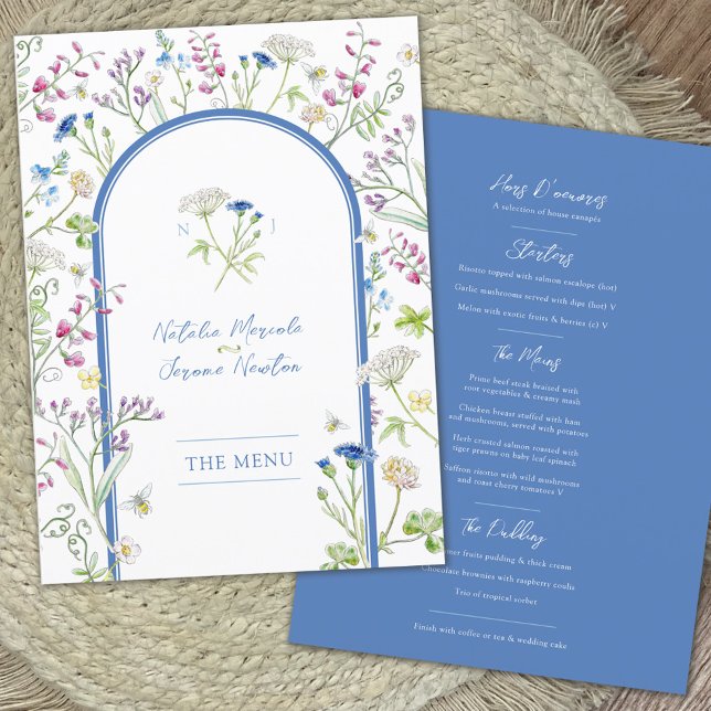 Menu plat mariage bleu fleur sauvage aquarelle (Créateur téléchargé)