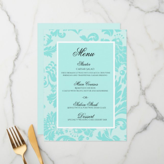 Menu plat mariage damassé turquoise (Devant/Arrière en situation)