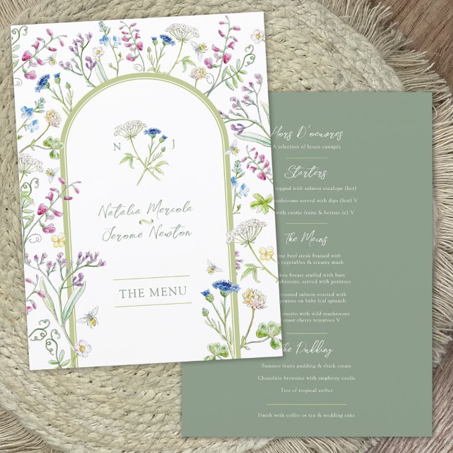 Menu plat mariage fleur sauvage aquarelle verte (Créateur téléchargé)