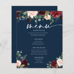 Menu plat Mariage floral Blush de la marine bordea