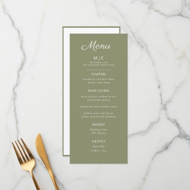 Menu plat mariage minimaliste moderne. (Devant/Arrière en situation)