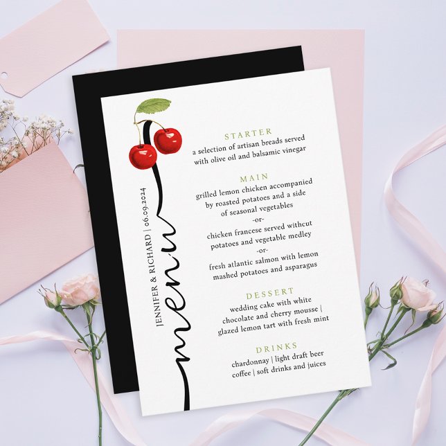 Menu plat Mariage Retro Rouge Green Cerises (Créateur téléchargé)