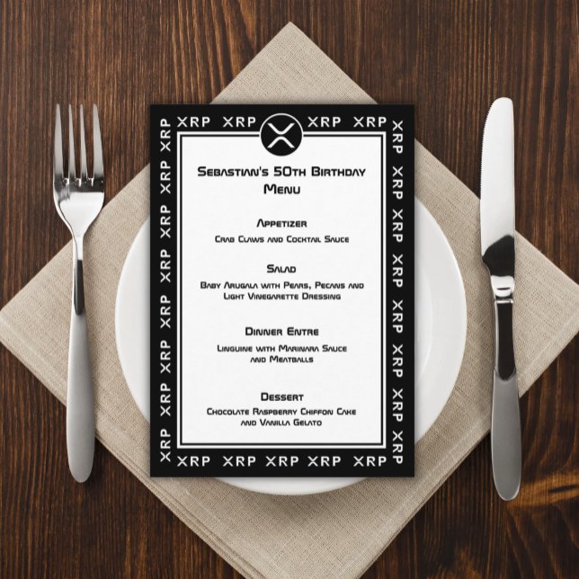 Menu plat noir et blanc XRP Crypto Currency (Black and White XRP Menu Card for Crypto Enthusiasts)