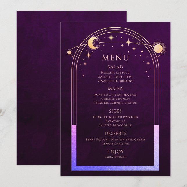 Menu Plum arc-en-ciel mystique Sun Moon Stars Mariage (Devant / Derrière)
