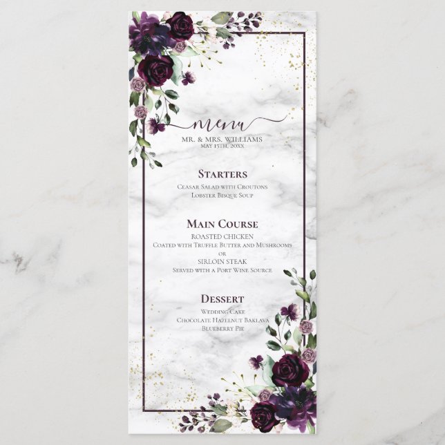 Menu Plum violet or Aquarelle marbre Mariage (Devant)