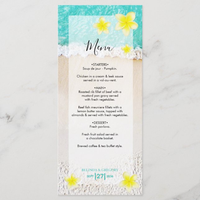 Menu Plumeria jaune Frangipani Plage tropicale Mariage (Devant)