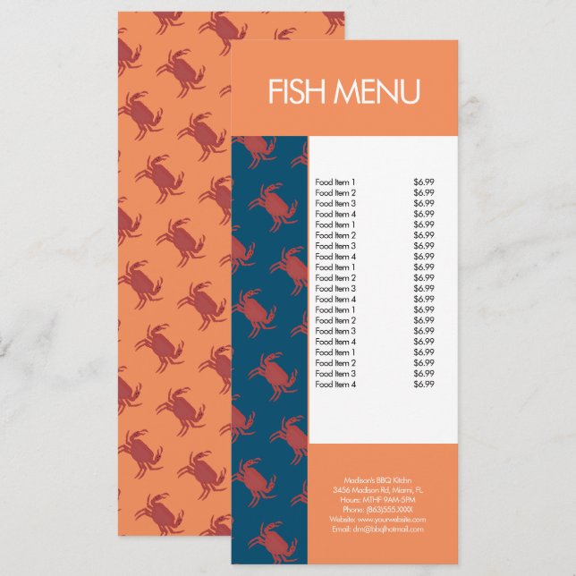 Menu Poisson Moderne Crabe de fruits de mer Restaurant  (Devant / Derrière)