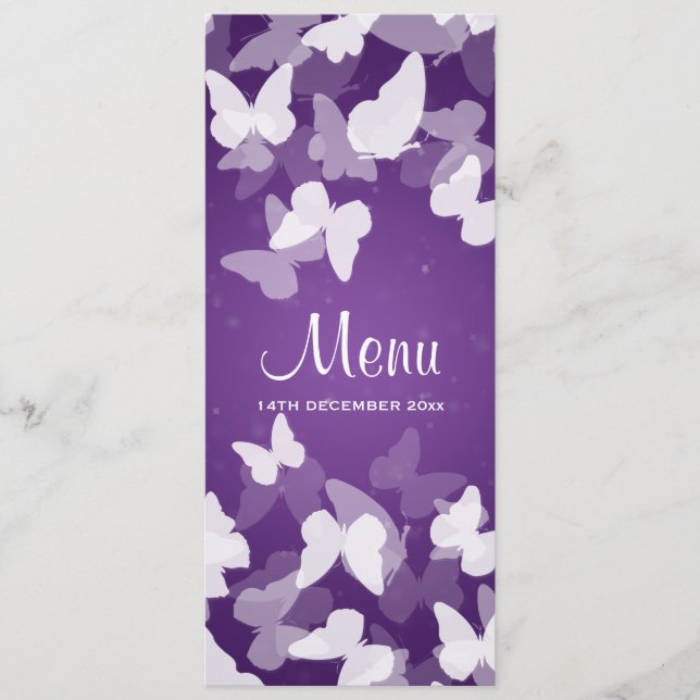 Menu pourpre de mariage de papillons évasifs (Devant)