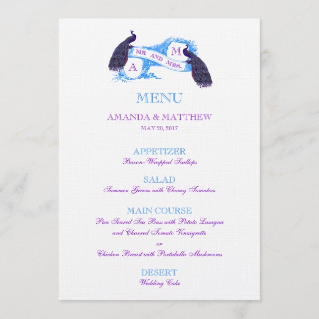 Menu pourpre et bleu de mariage de paon (Devant)