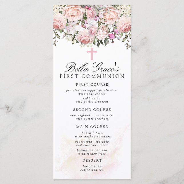 Menu Première communion florale rose (Devant)
