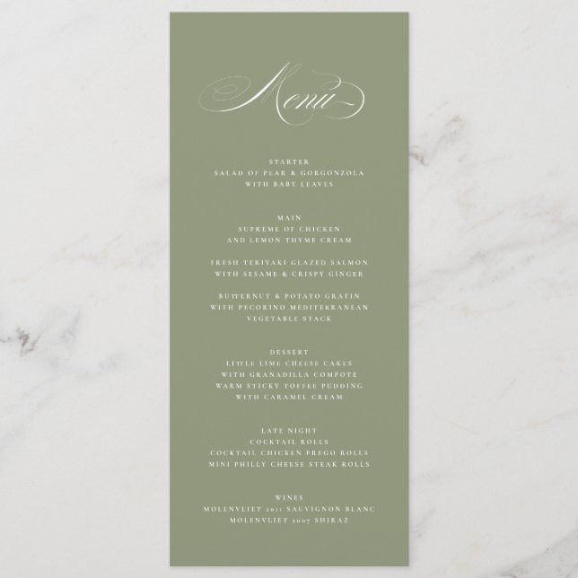 Menu Premium Elegant Calligraphie Sage Green Mariage (Devant)