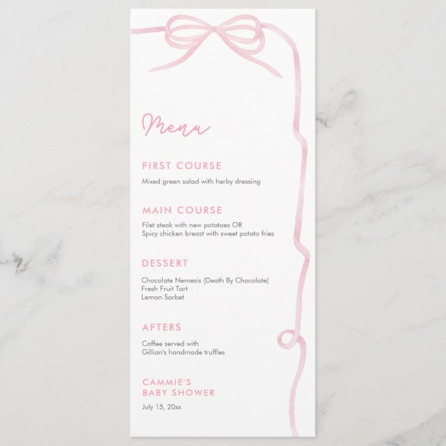 Menu Pretty Pink Bow Baby Girl Shower Party (Devant)
